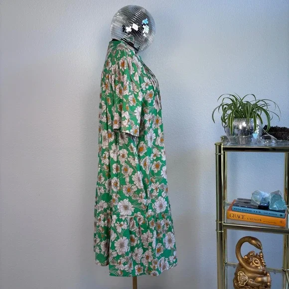 SHE + SKY Green Floral Split Neck Swing Dress 2XL Crochet trim dopamine dressing - Picture 4 of 16